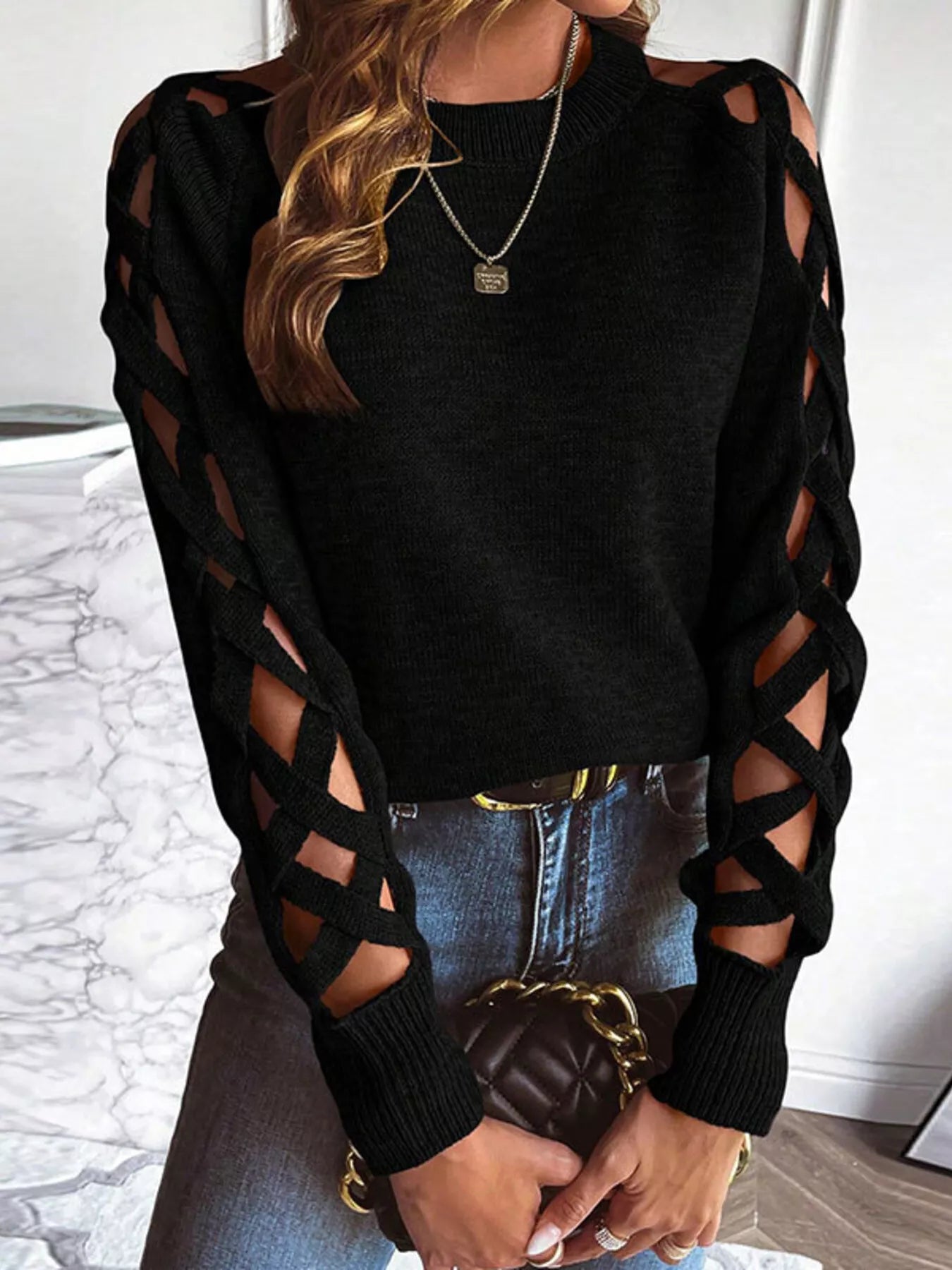 Criss-Cross Cutout Long Sleeve Sweater
