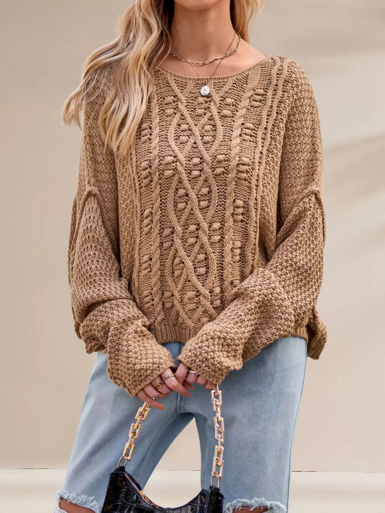 Cable Knit Dropped Shoulder Sweater