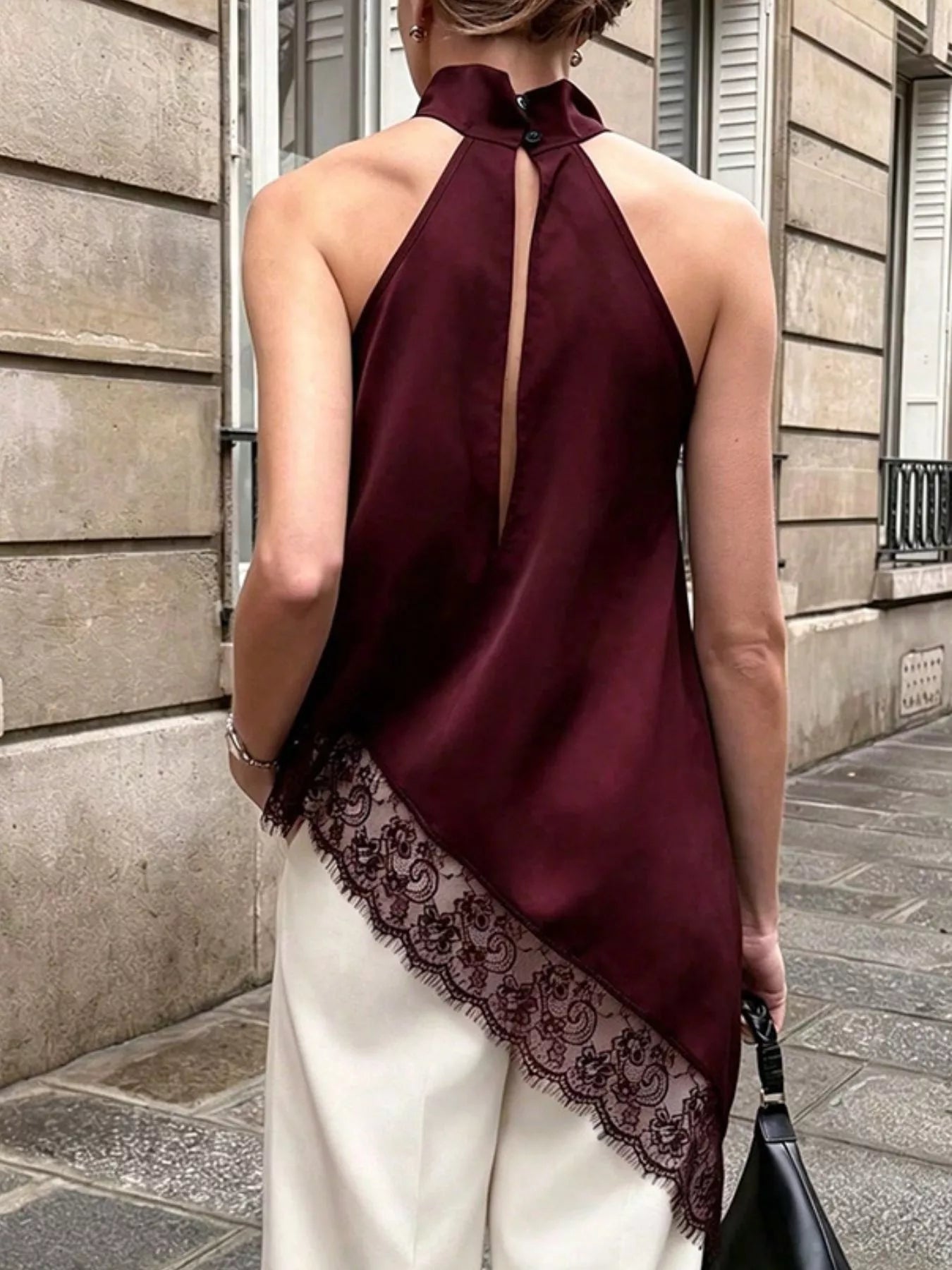 Polka Dot Lace Trim Asymmetrical Hem Sleeveless Blouse