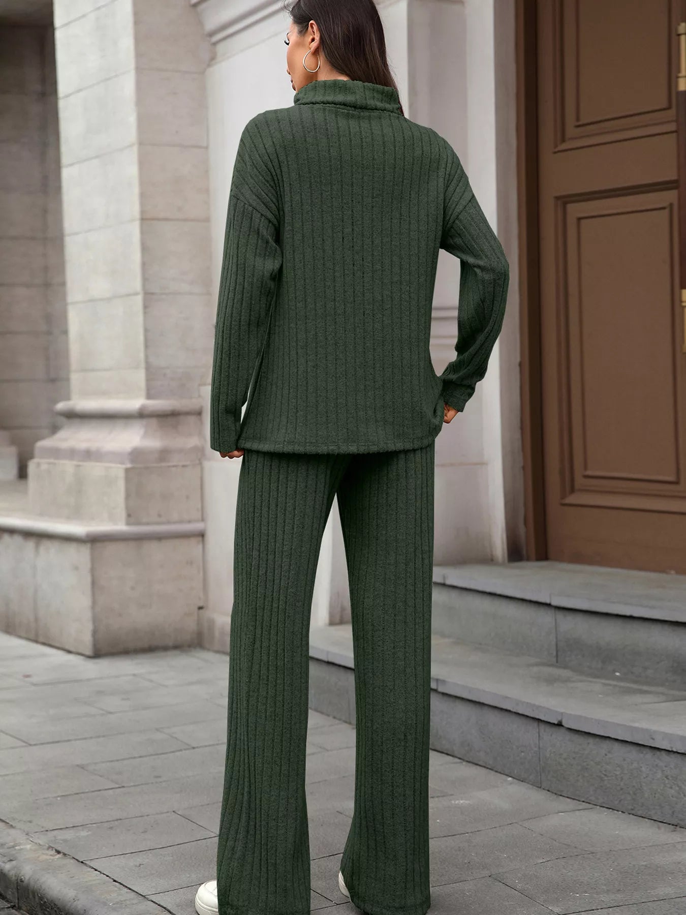 Ribbed Turtleneck Dropped Shoulder Top and Pants Sweater Set