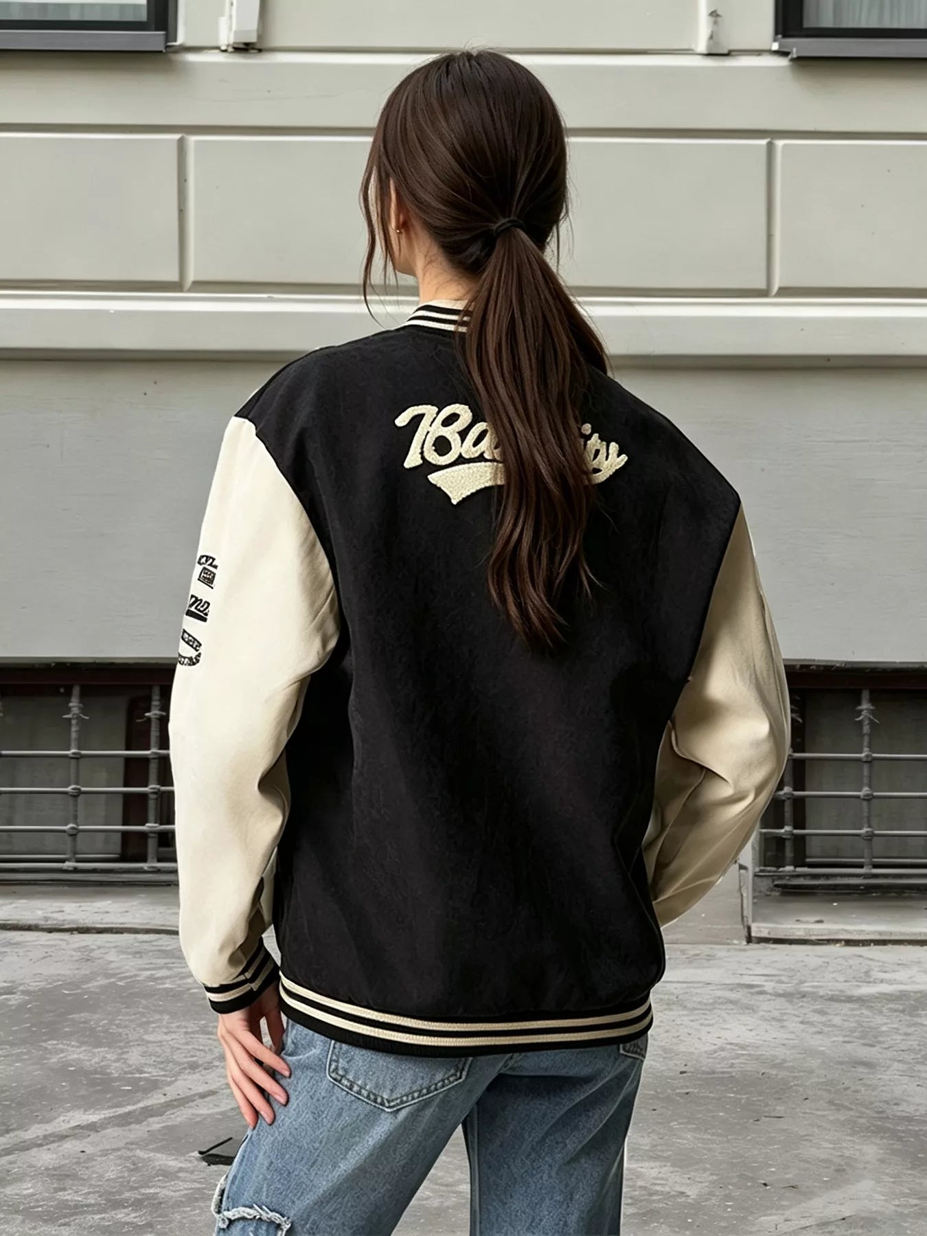 Contrast Baseball Jacket with Embroidered Lettering