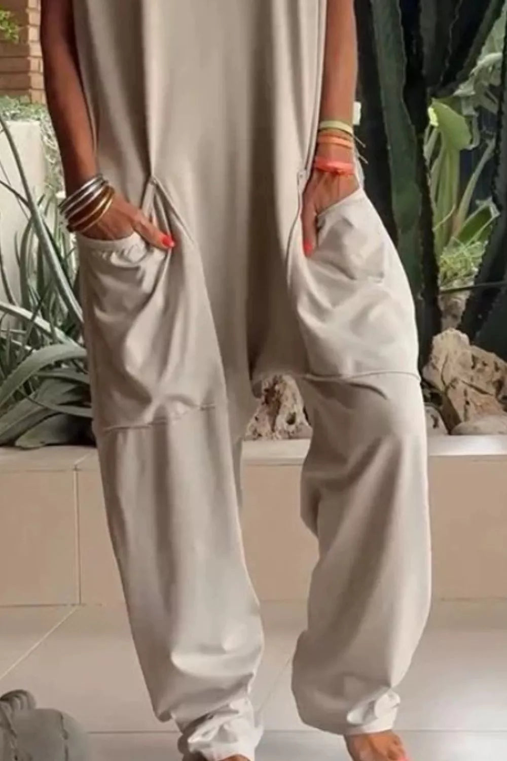 Full Size Casual V-Neck Short Sleeve Jumpsuit with Pockets Plus Size
