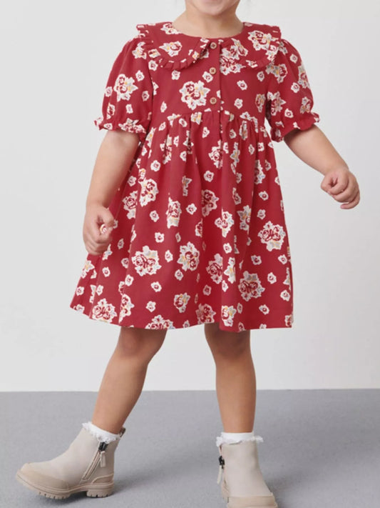 Children's Floral Print Ruffle Collar Button-Front Dress