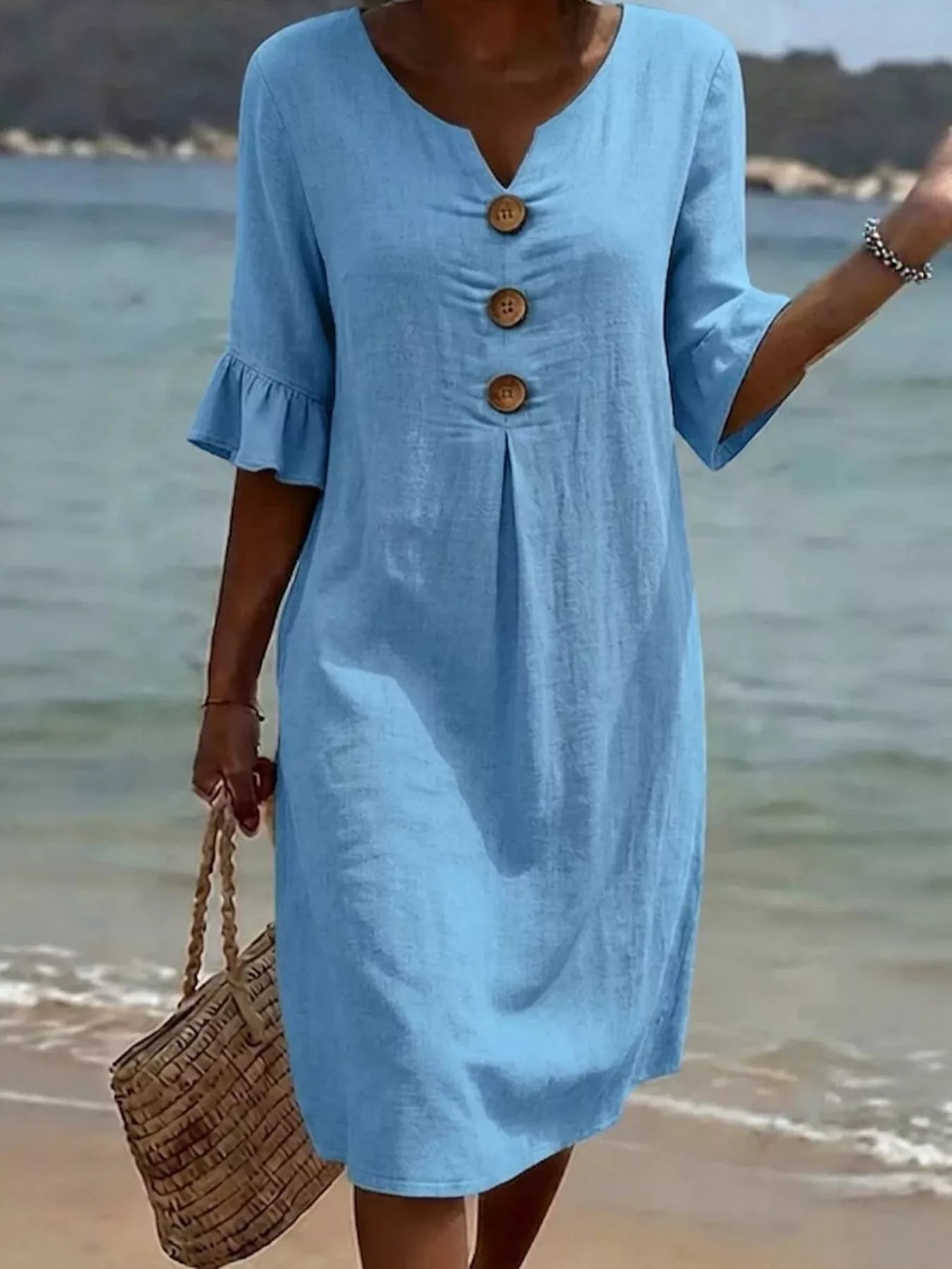 Full Size Casual Decor Button Dress with Ruffle Sleeves Plus Size
