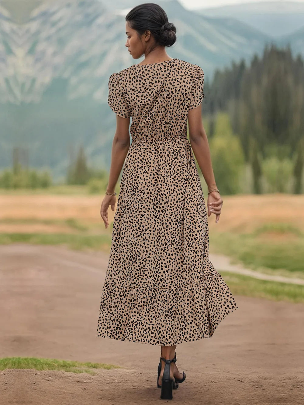 Perfee Slit Printed V-Neck Short Sleeve Dress