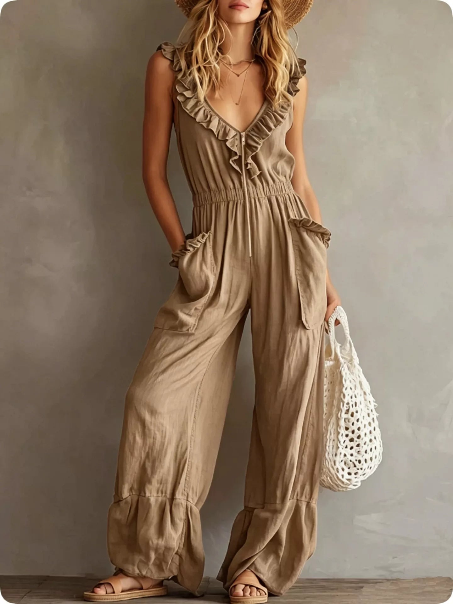 Ruffled V-Neck Wide Leg Jumpsuit