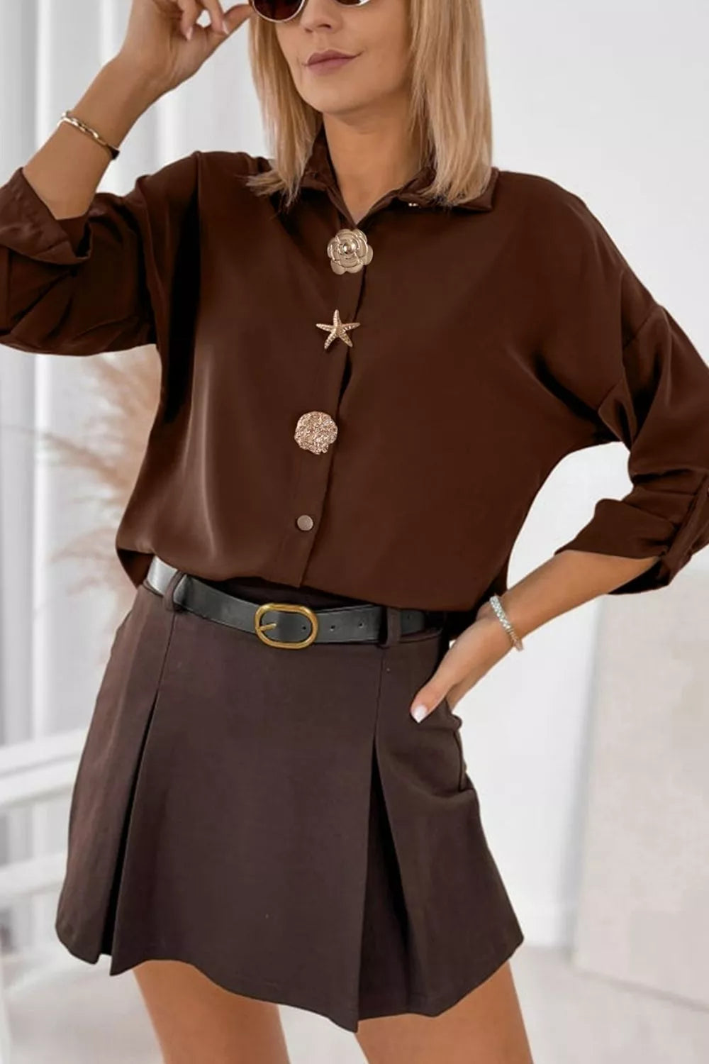 Multi Button Decoration Tab Long Sleeve Casual Shirt
