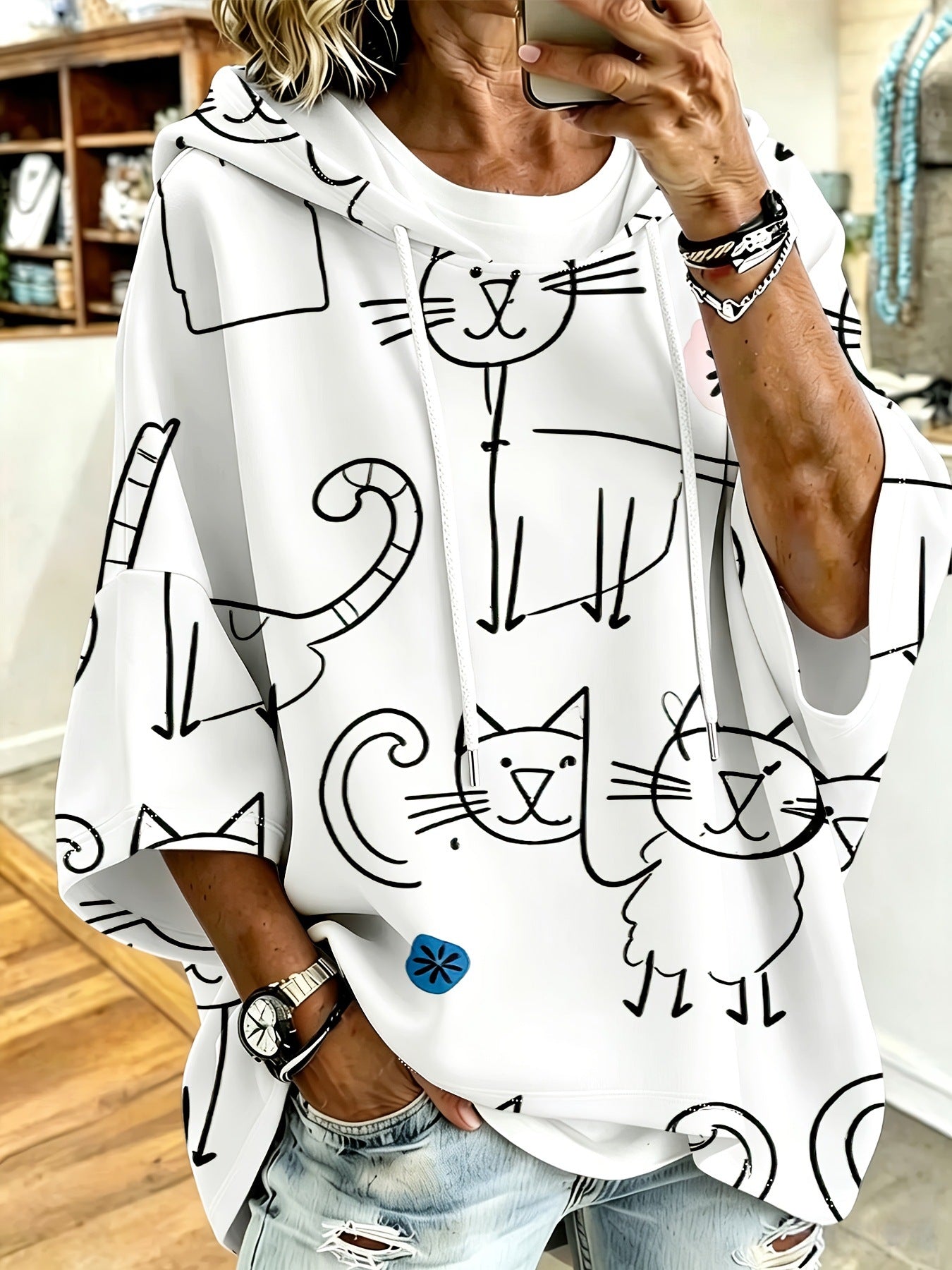 Cartoon Cat Print Hoodie with 3/4 Sleeves & Drawstring