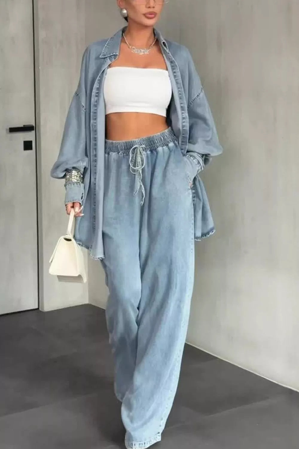 Wash Button Up Shirt and Wide-Leg Pants Denim Set