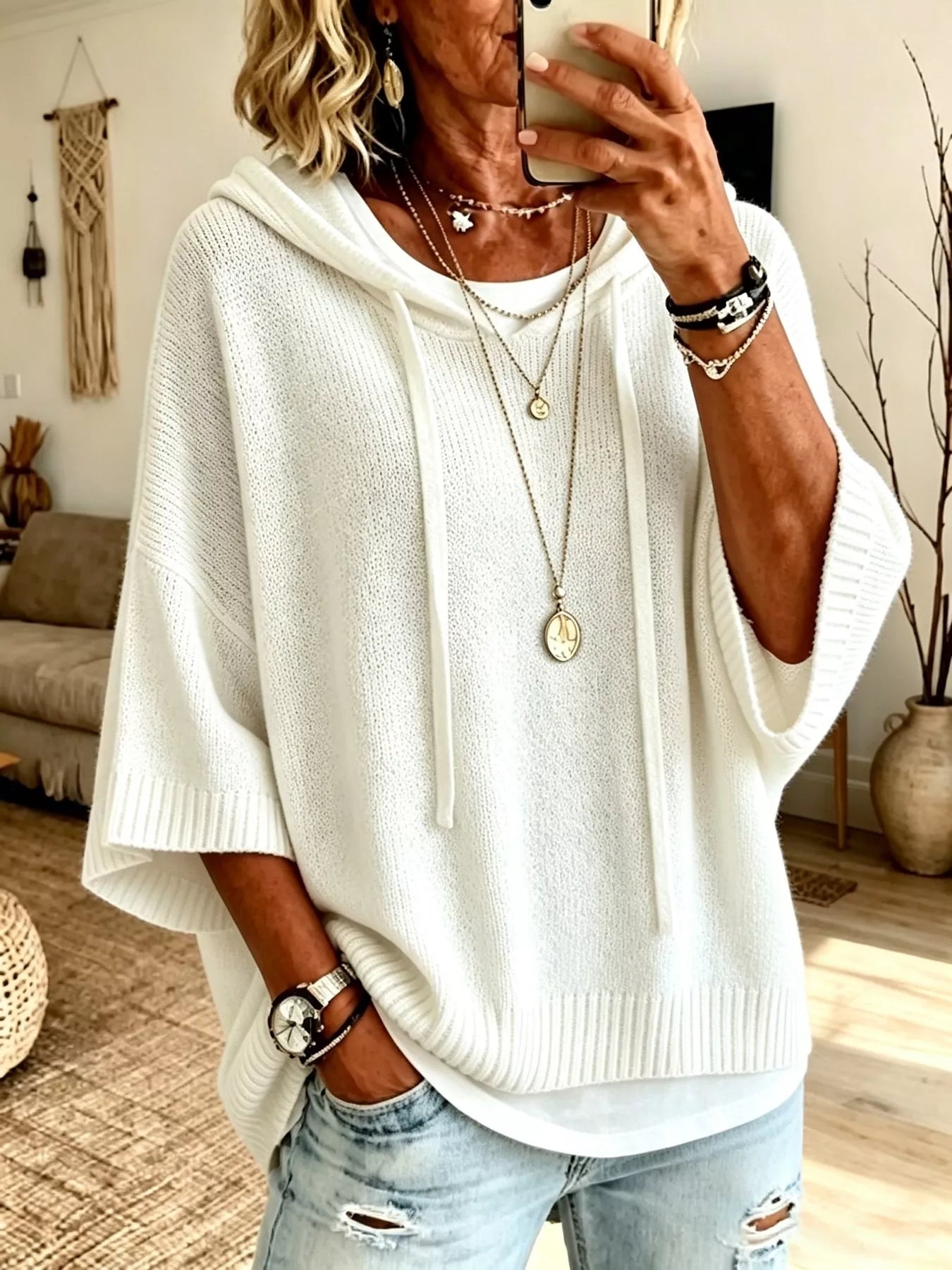Full Size Casual Hooded Batwing Sleeve Knit Sweater Plus Size