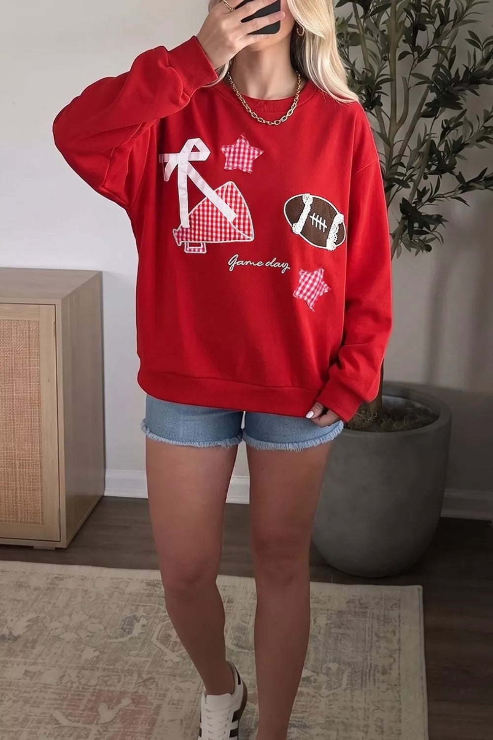 Gingham Patch Embroidered Rugby Game Day Stars Sweatshirt