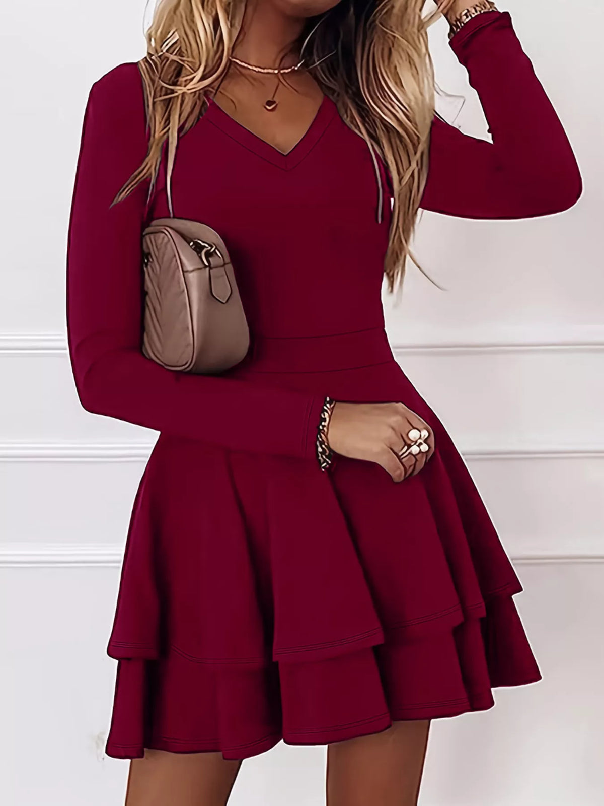 V-Neck Long Sleeve Layered Ruffle Mini Dress