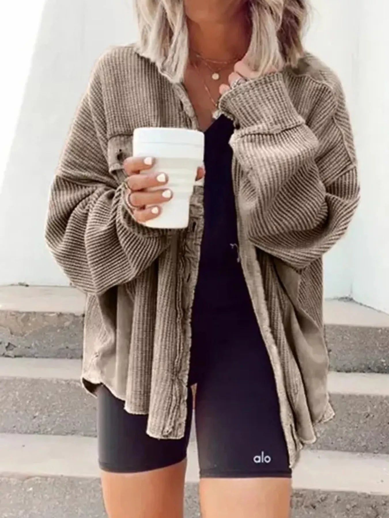 Oversized Waffle Knit Button-Up Jacket