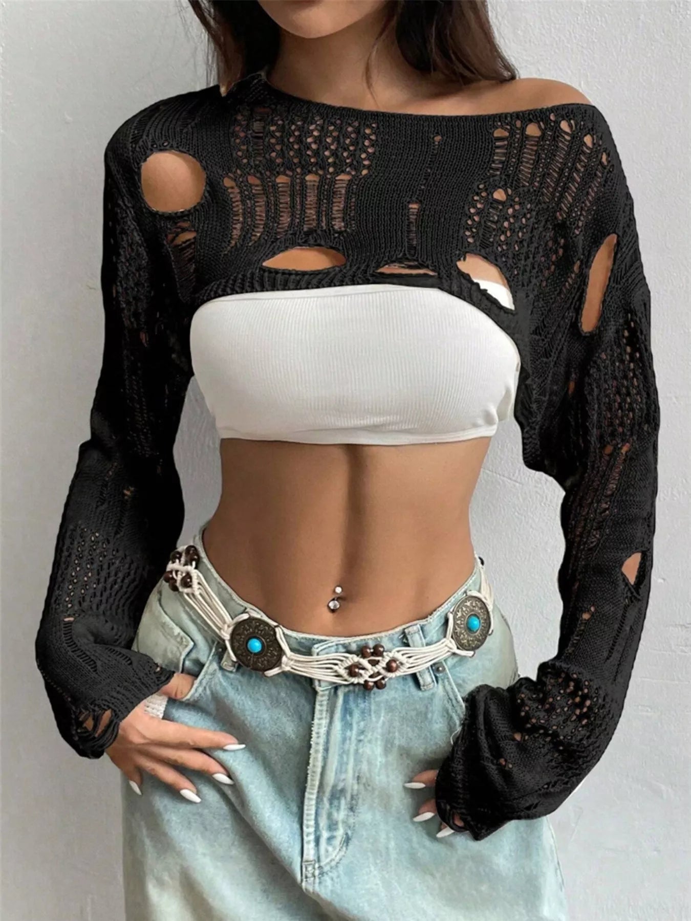 Distressed Cropped Knit Cover Up