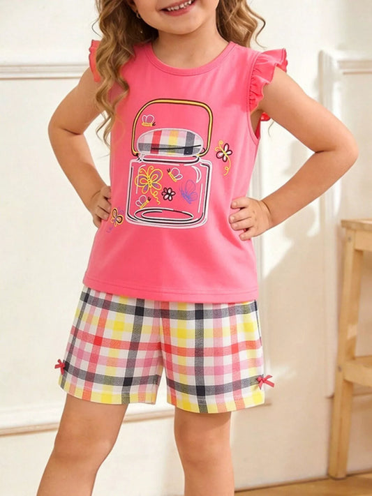 Children's Cartoon Graphic Ruffle Trim Tee & Plaid Shorts Set