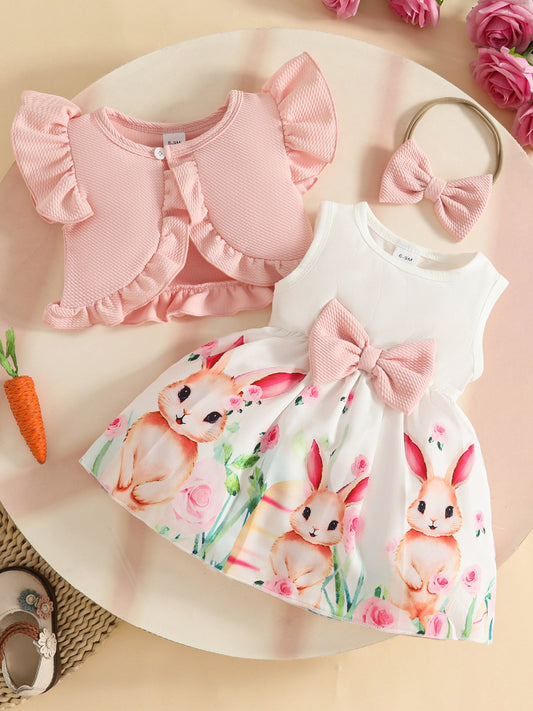 Children's Bunny Print Dress with Ruffle Cardigan & Headband Set
