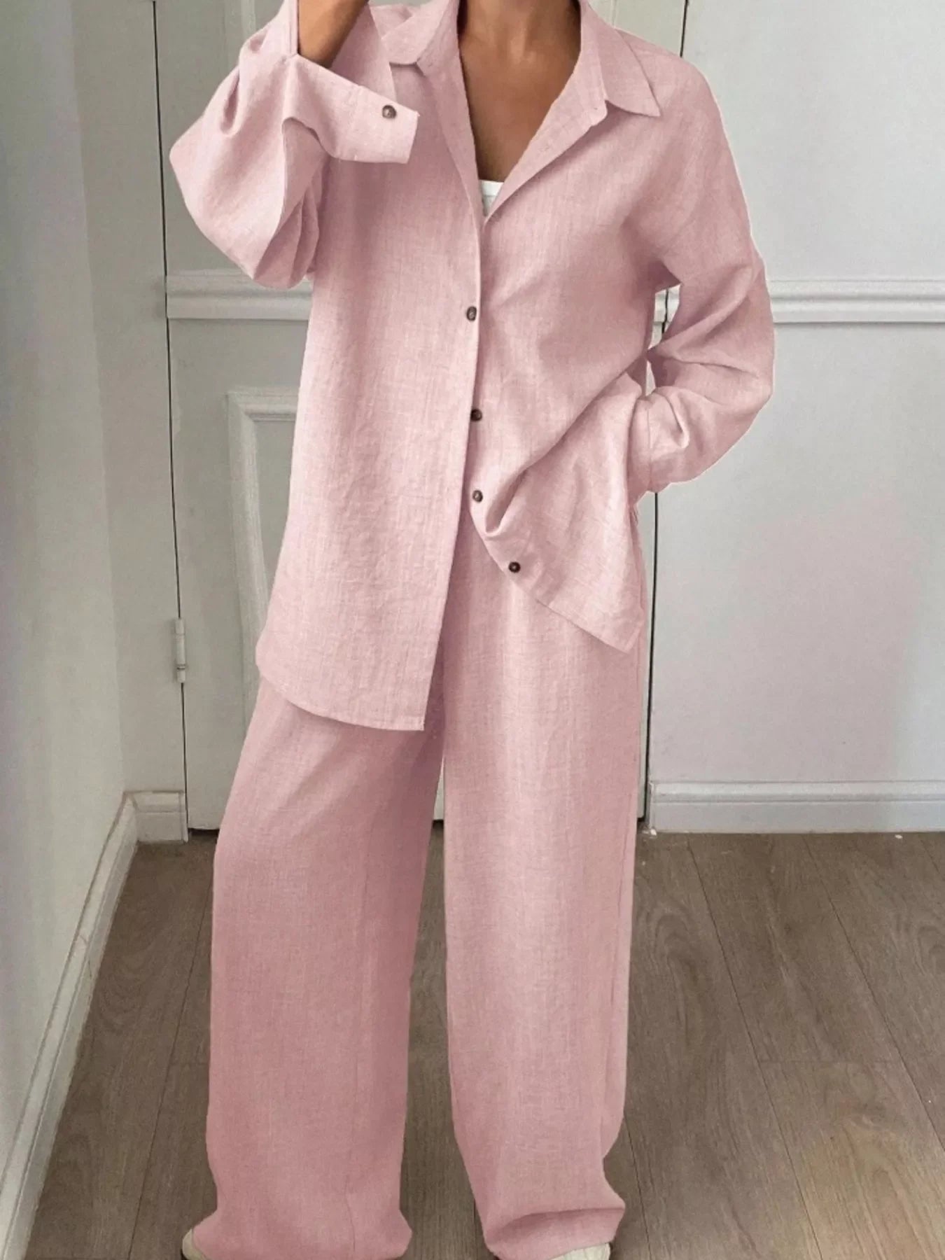 Button-Down Shirt and Wide-Leg Pants Set