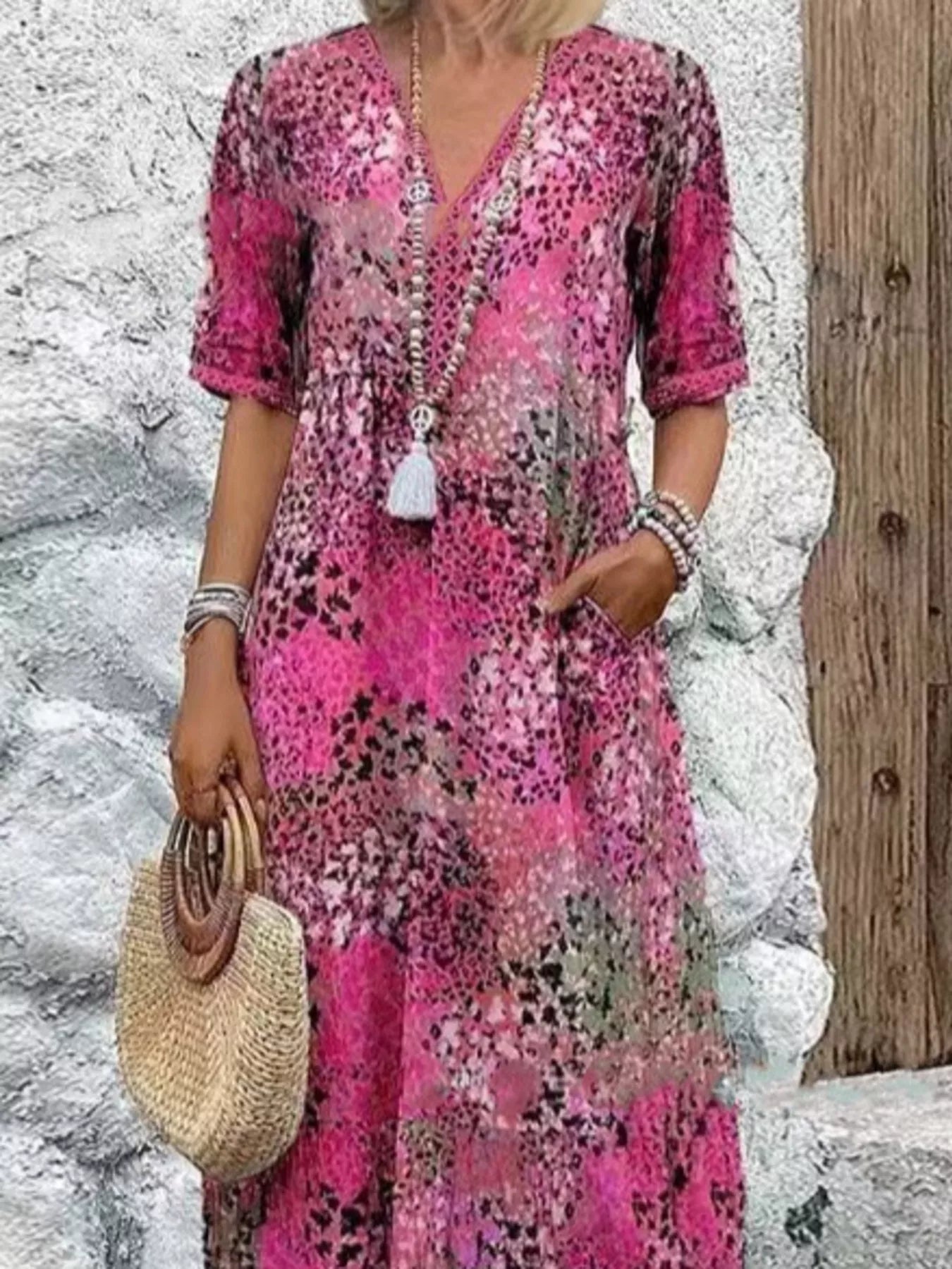Full Size Printed V-Neck Half Sleeve Dress Plus Size
