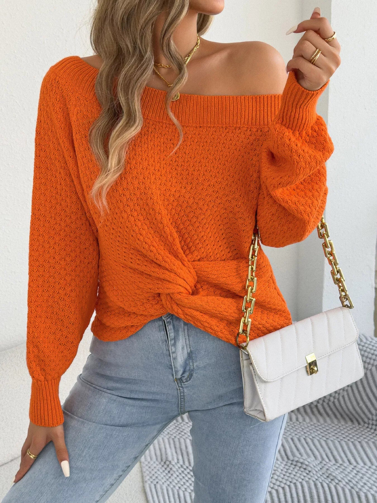Off-Shoulder Twist Front Textured Knit Top