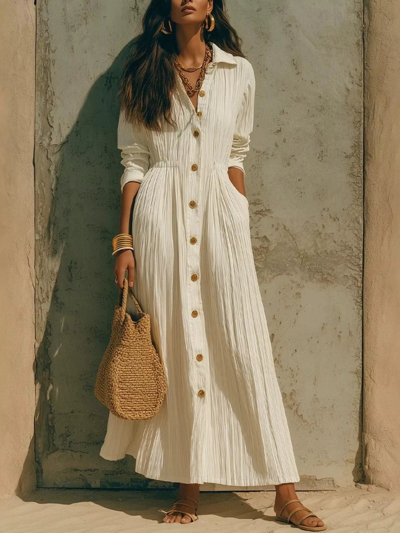 Full Size Textured Button Front Long Sleeve Maxi Dress Plus Size