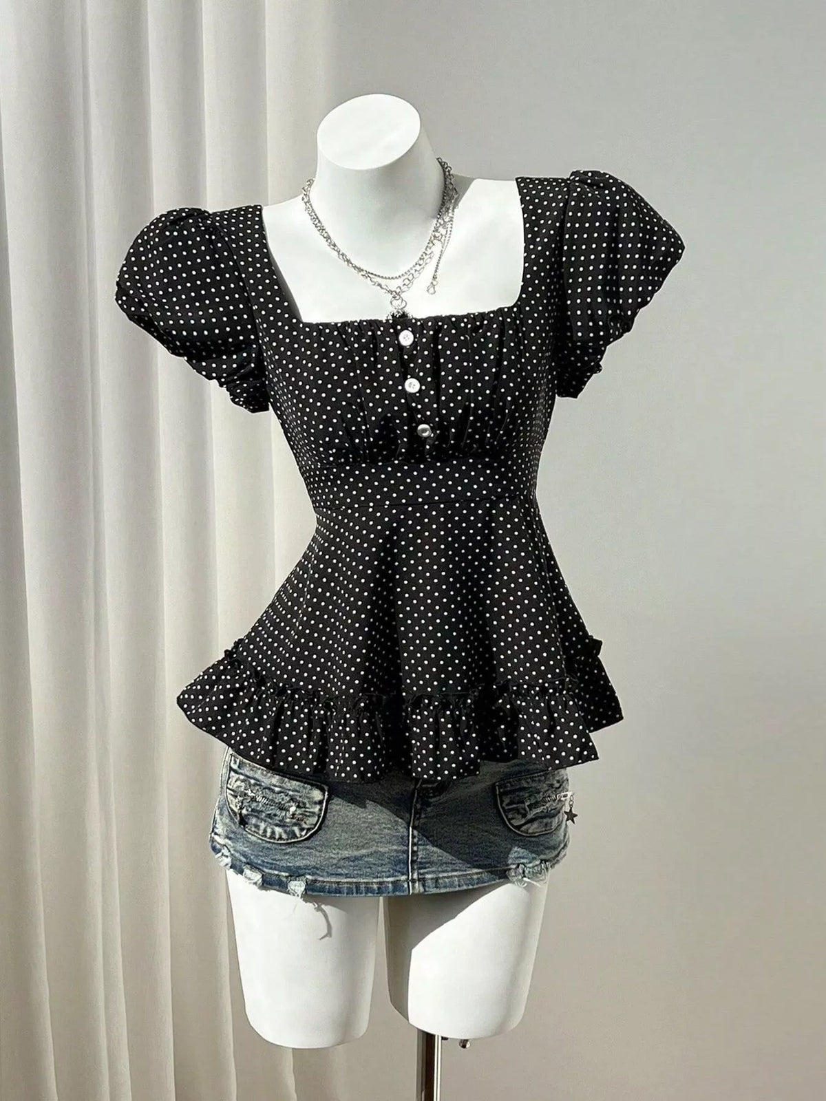 Polka Dot Square Neck Puff Sleeve Peplum Blouse