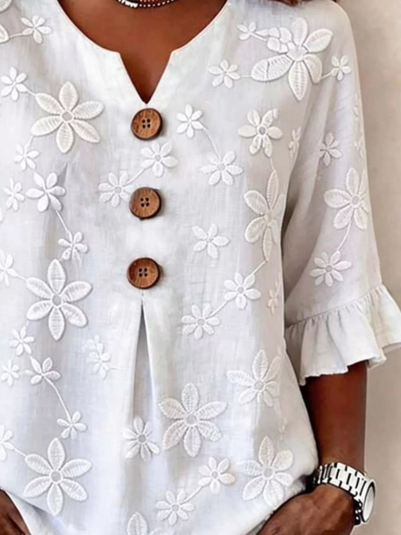 Full Size Floral Button Decor 3/4 Sleeve Blouse Plus Size