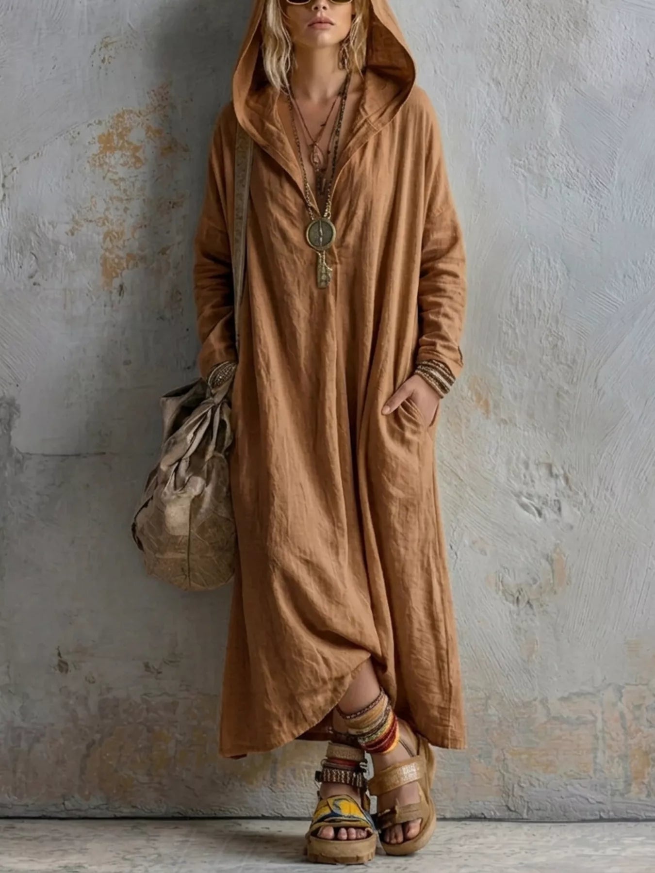 Long Sleeve Hooded Midi Dress with Pockets