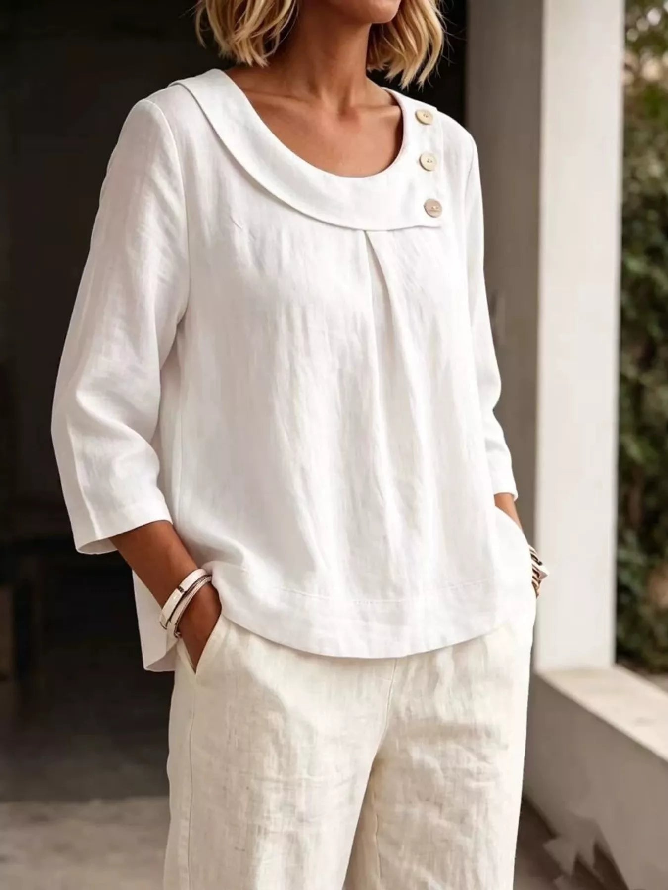 Linen Blend Blouse with Decorative Buttons