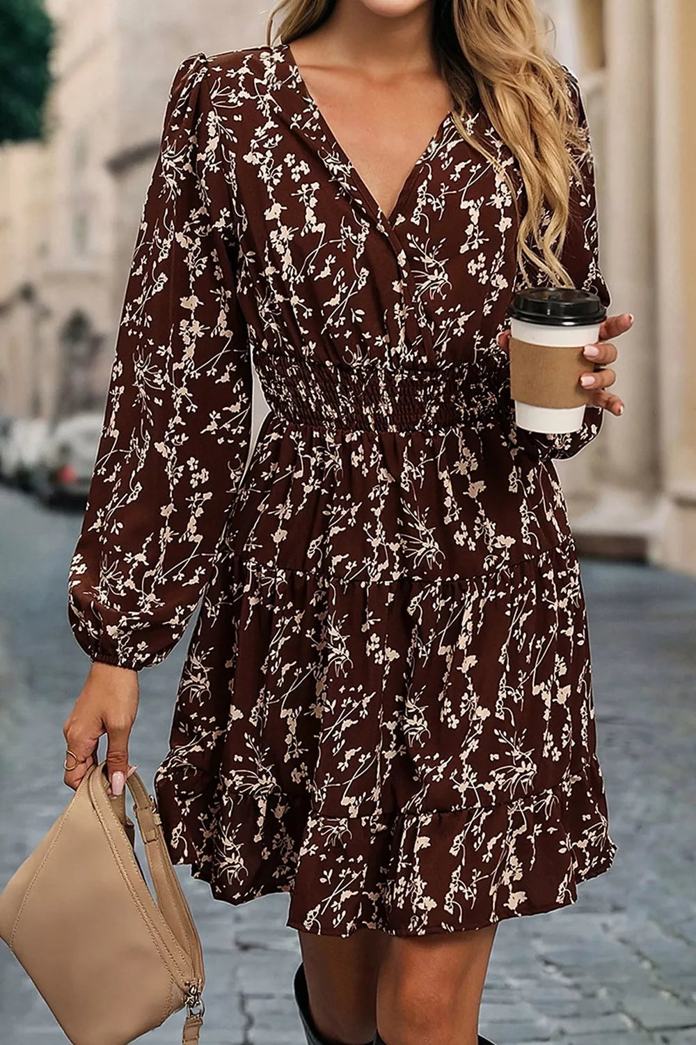 Ditsy Floral Print Split Neck Long Sleeve Shirred Waist Flared Mini Dress