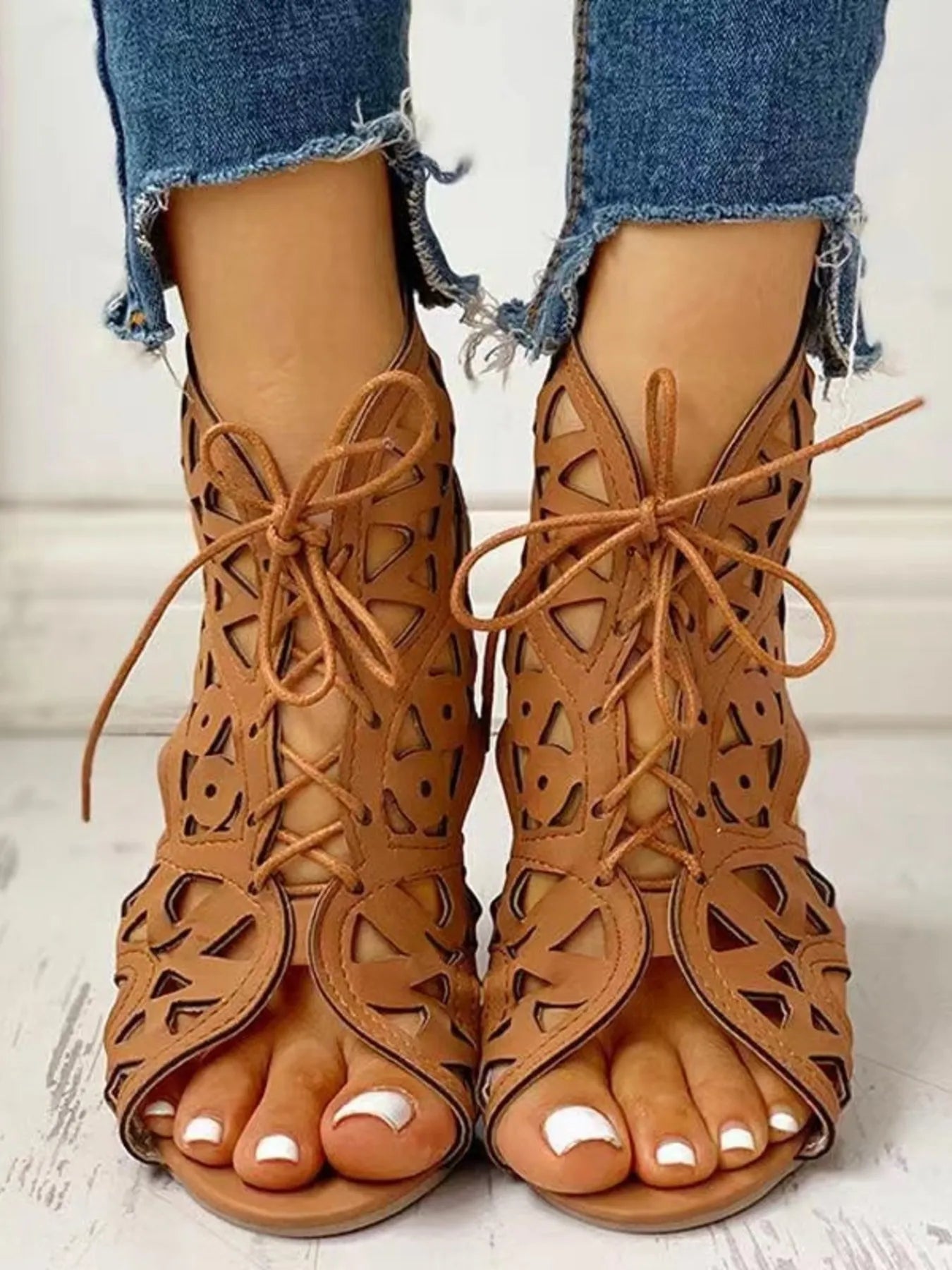 Lace-Up Geometric Cutout Sandals