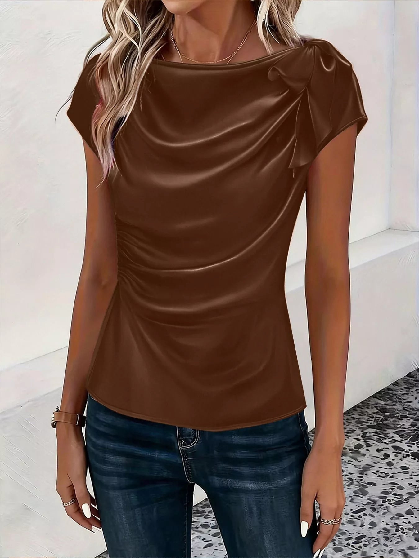 Ruched Short Sleeve Satin Top