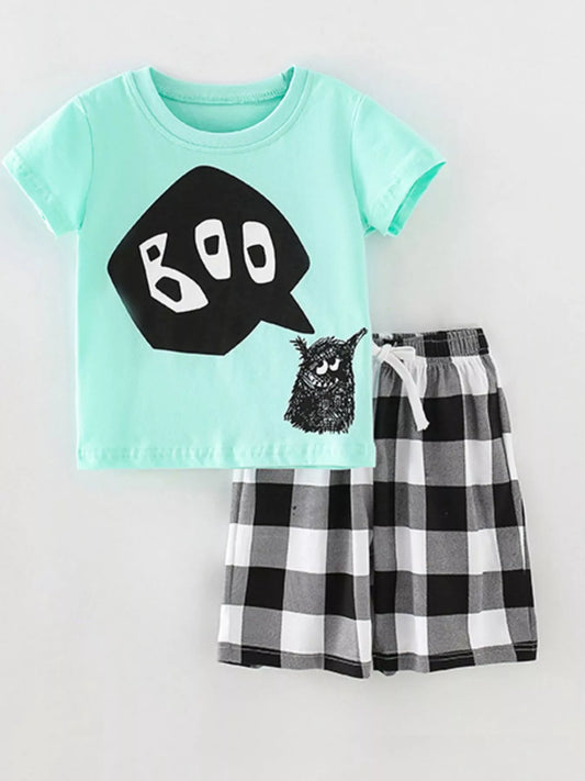 Children's BOO Monster Graphic T-shirt and Plaid Shorts Set