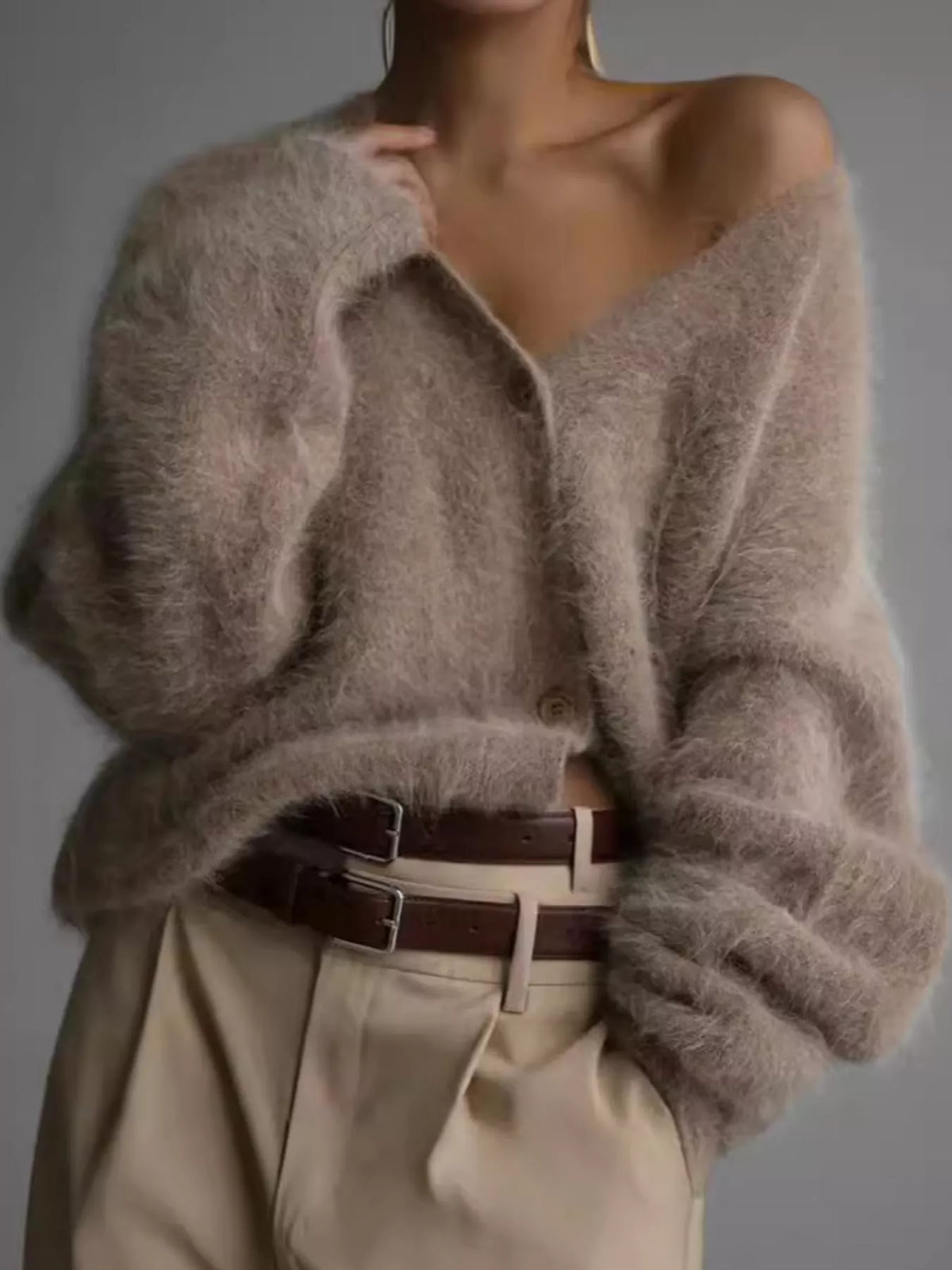 Fuzzy V-Neck Button-Down Cardigan