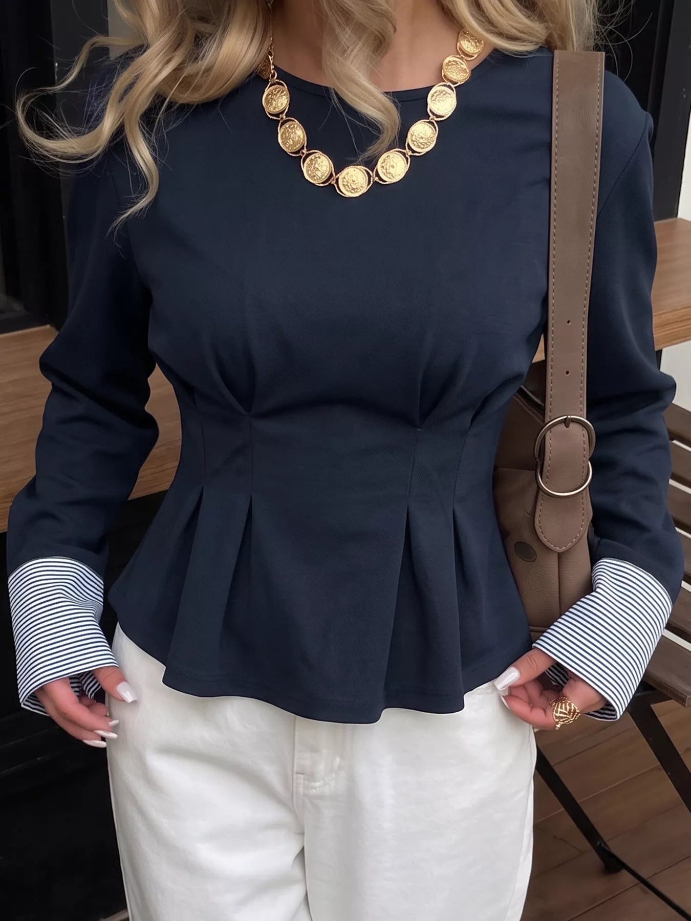 Round Neck Peplum Top with Striped Cuffs