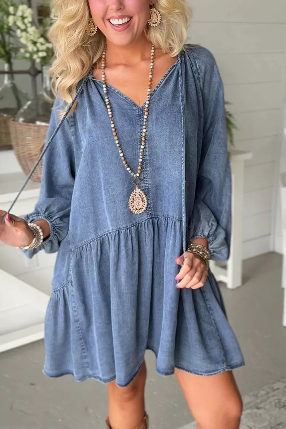 Puff Sleeve V Neck Ruffled Loose Denim Mini Dress