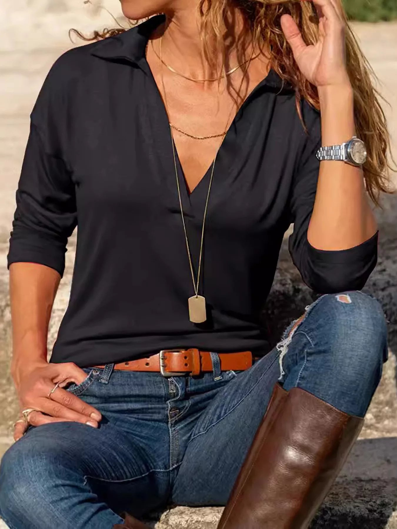 Johnny Collar Long Sleeve Top