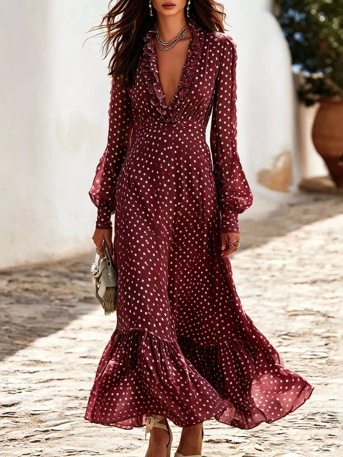 Full Size Polka Dot Ruffle V-Neck Maxi Dress Plus Size