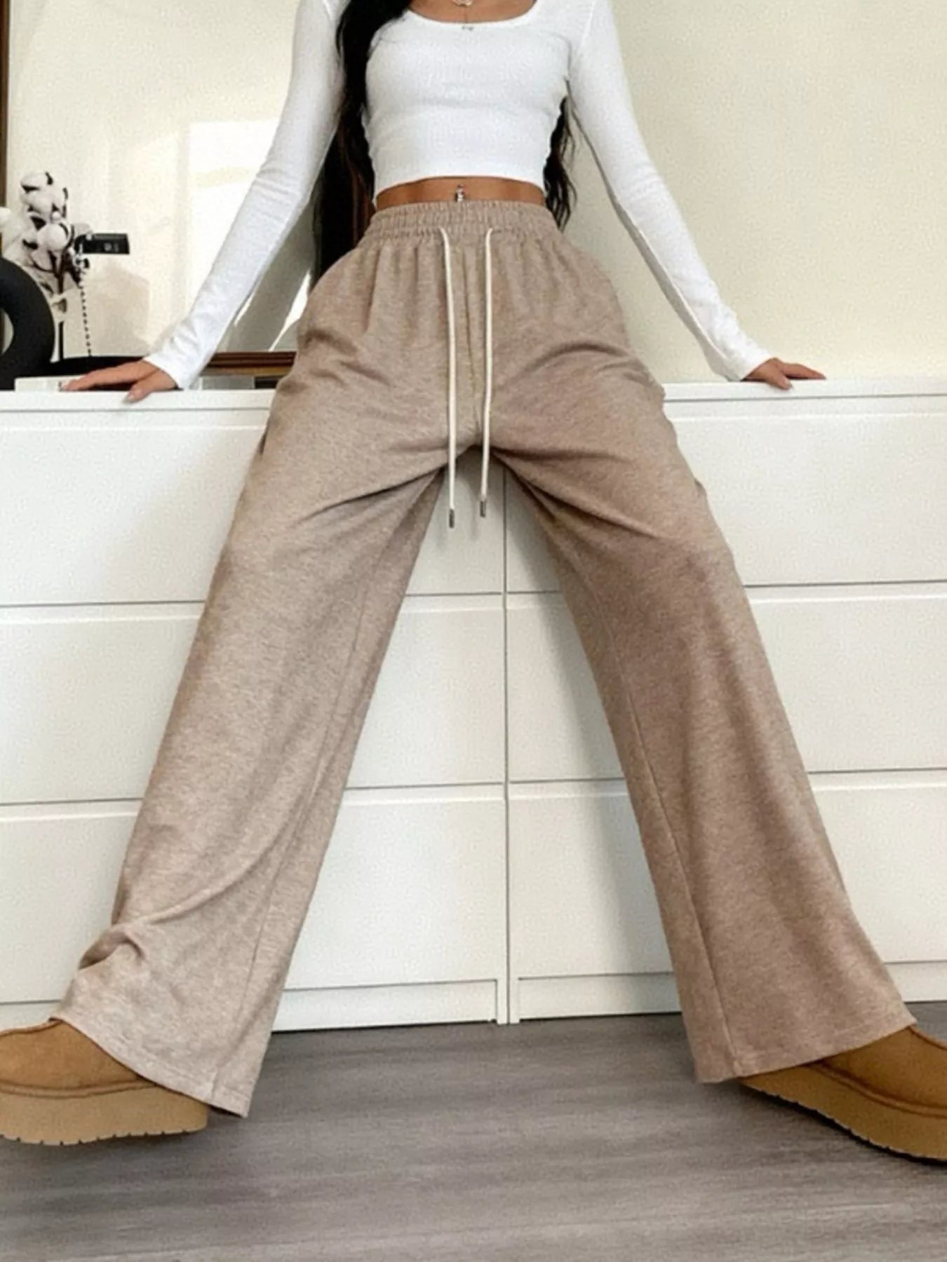 Full Size Drawstring High Waist Wide Leg Pants Plus Size