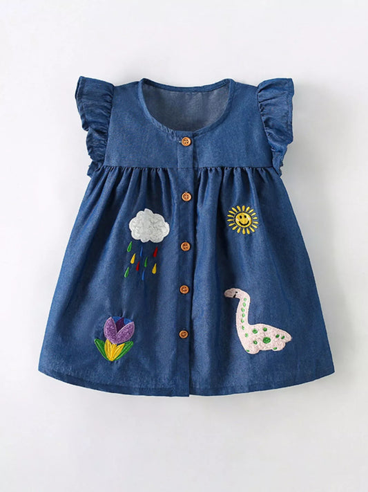Children's Embroidered Denim Button-Front Dress