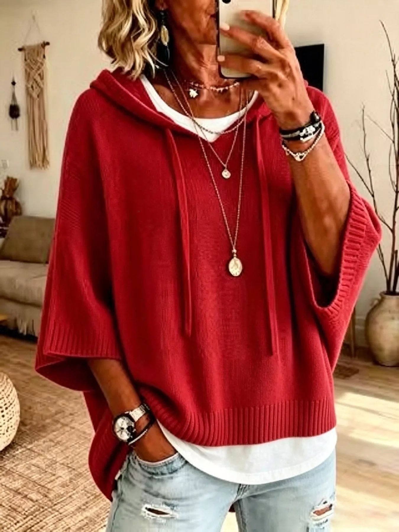 Full Size Casual Hooded Batwing Sleeve Knit Sweater Plus Size