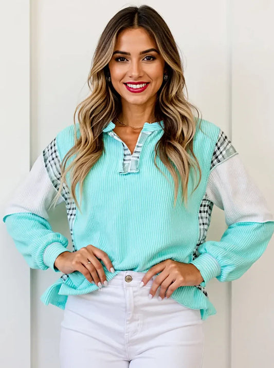 Color Block Plaid Notched Long Sleeve Top