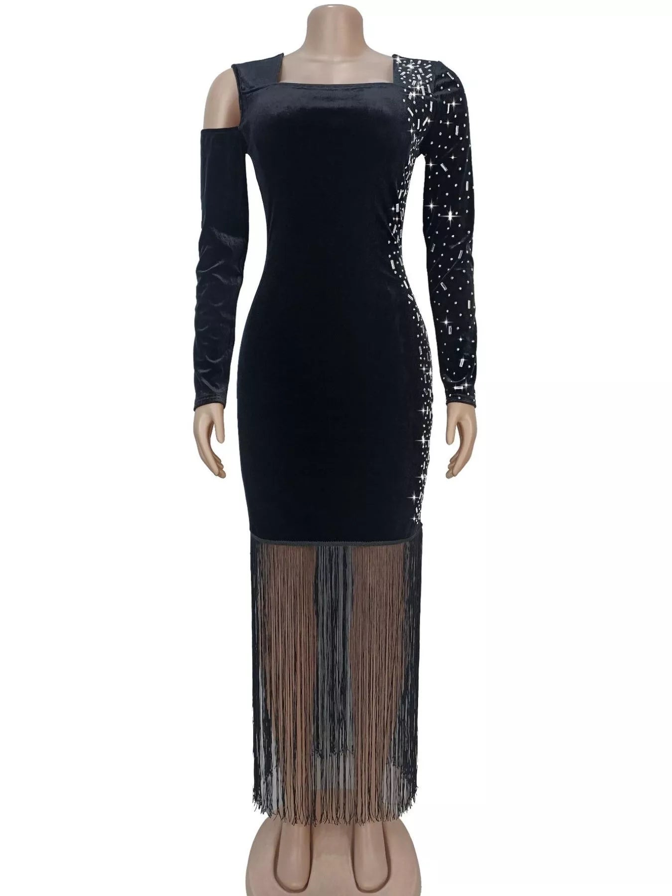 Asymmetrical Rhinestone Fringe Dress