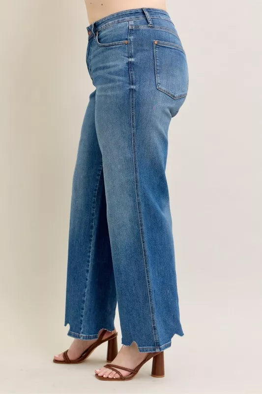 Judy Blue Full Size High Waist Tummy Control Chew Hem Destroy Wide Jeans Plus Size