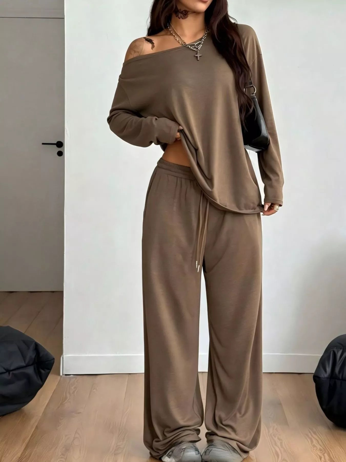 Full Size Comfortable Loose Fit One-Shoulder T-Shirt and Pants Set Plus Size