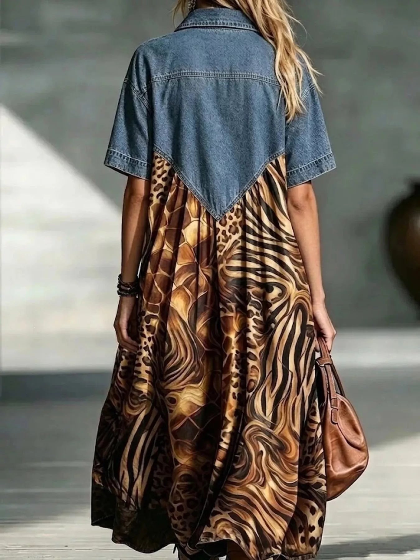 Full Size Denim Patchwork Printed Shirt Dress Plus Size