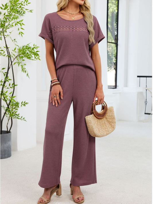 Lace Detail Short Sleeve Top and Pants Set