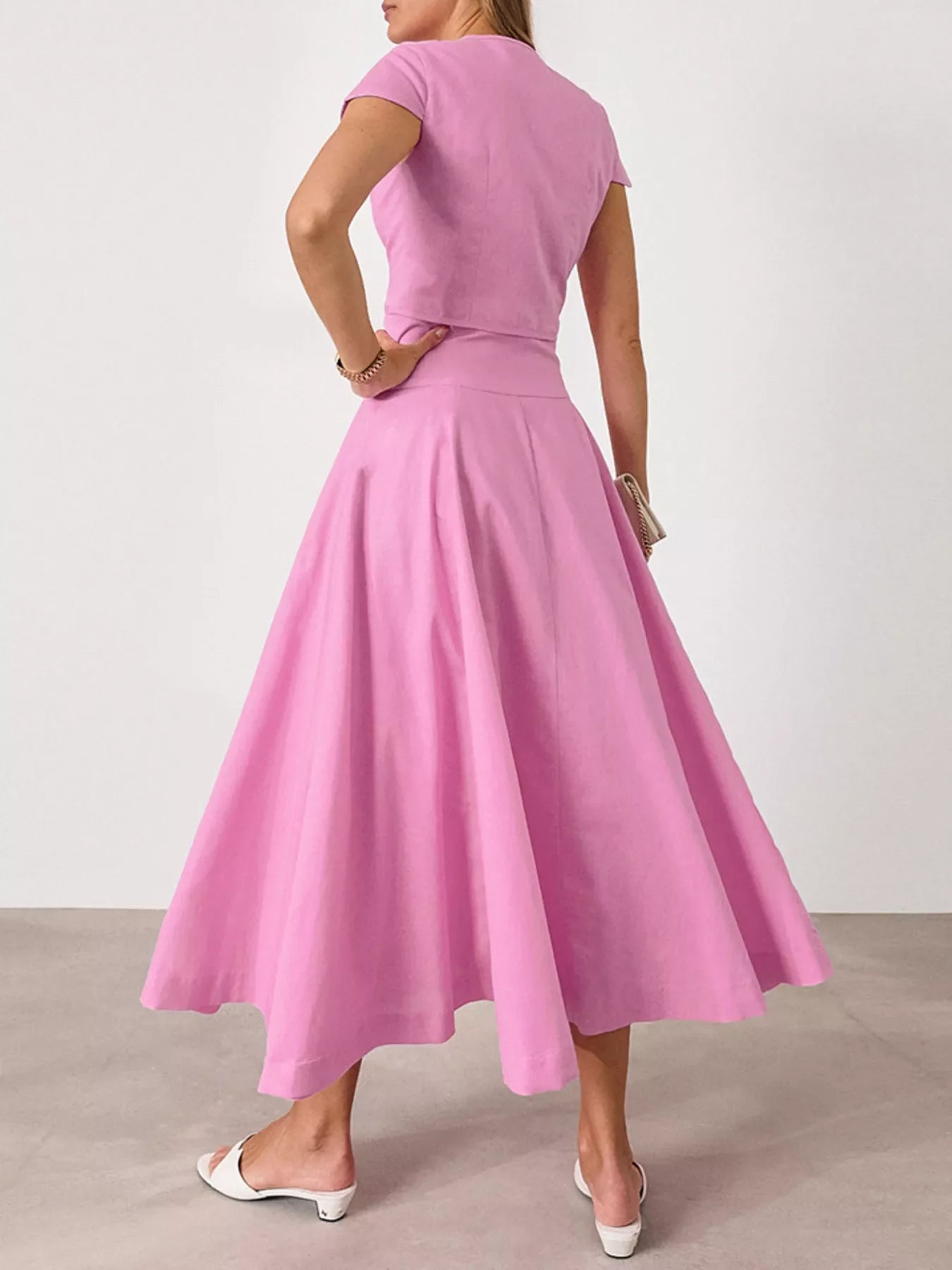 Cap Sleeve Button-Down Crop Top and Midi Skirt Set