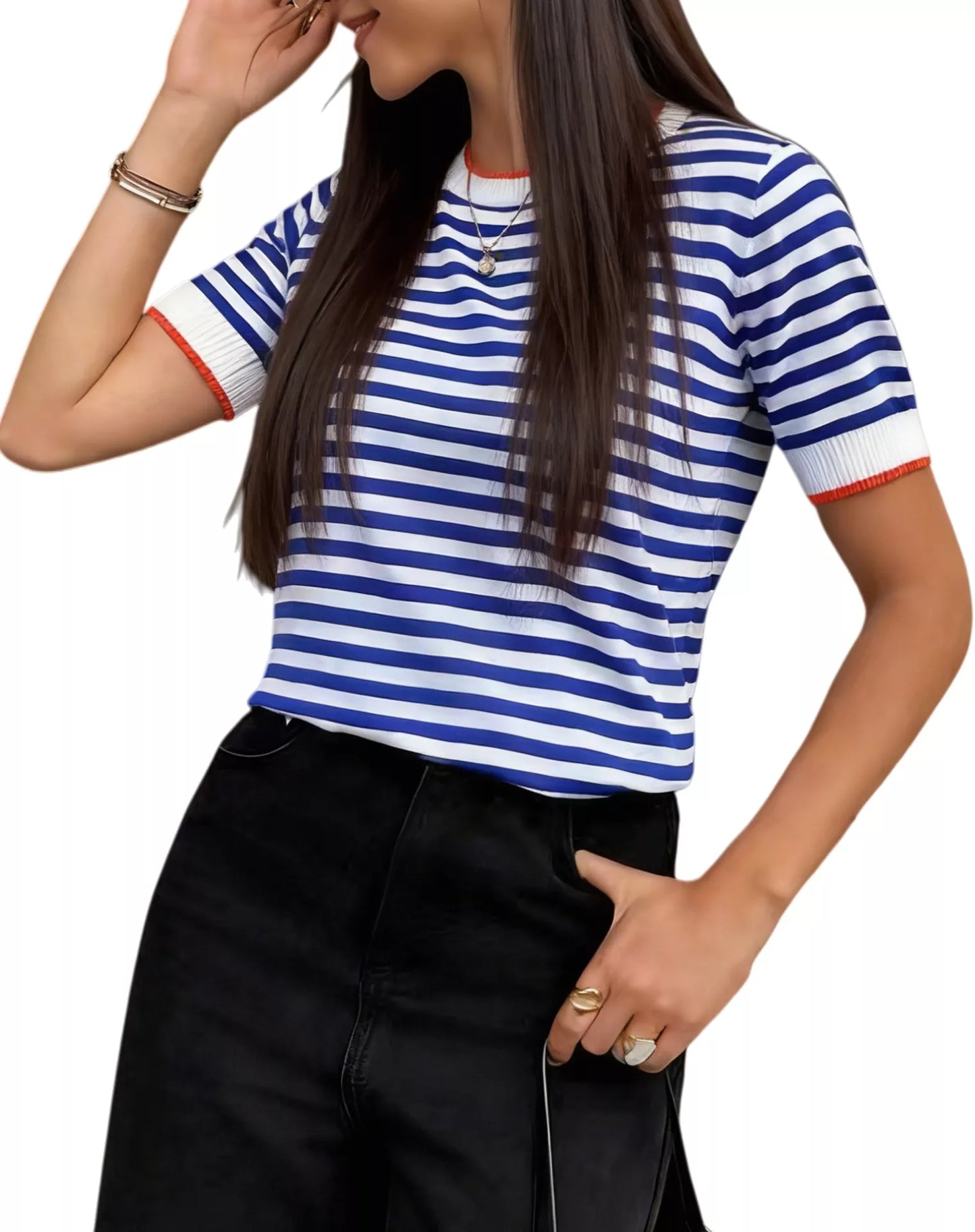 Contrast Trim Striped Short Sleeve Knit Top