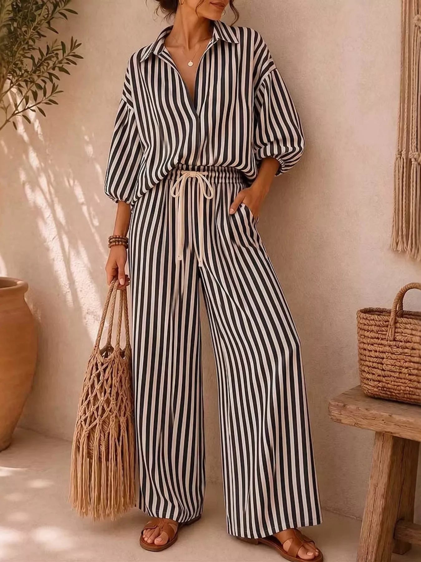 Full Size Striped Puff Sleeve Shirt and Wide-Leg Drawstring Pants Set Plus Size
