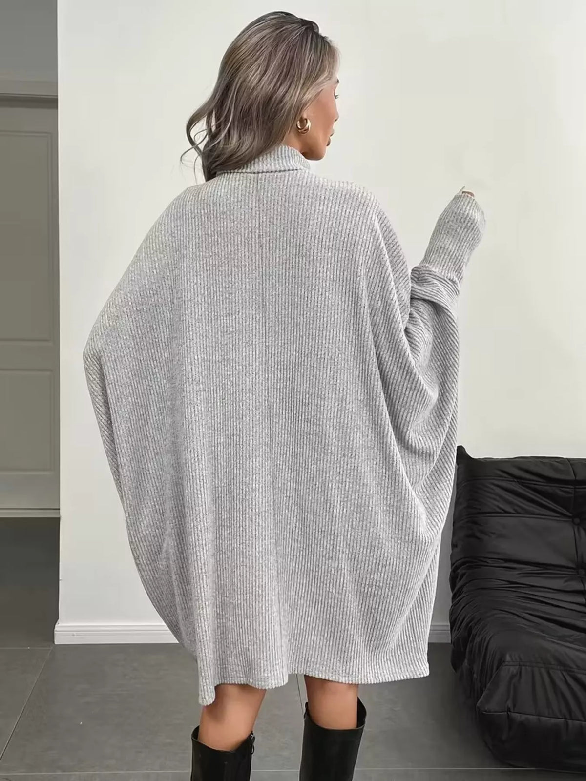 Oversized Batwing Sleeve Ribbed Knit Turtleneck Dress